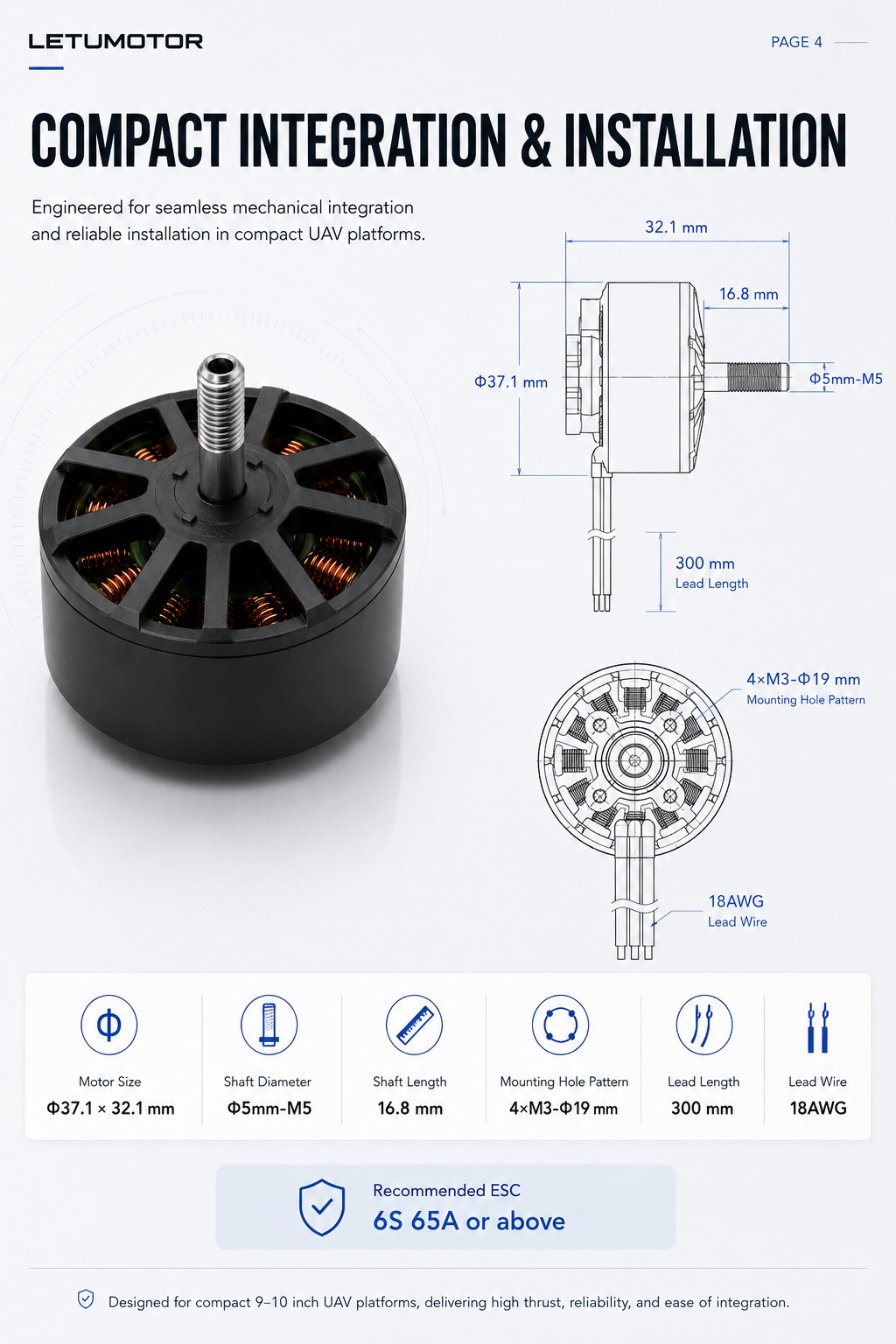 LETUMOTOR 3115-900KV precision engineering and reliability features — compact machined metal housing, H-Class 180°C winding insulation, 12N14P stator configuration, 18AWG silicone lead wires, 4-6S LiPO compatible, 5mm M5 threaded shaft, 116g, 900KV, 3989g max thrust, built for demanding UAV platforms