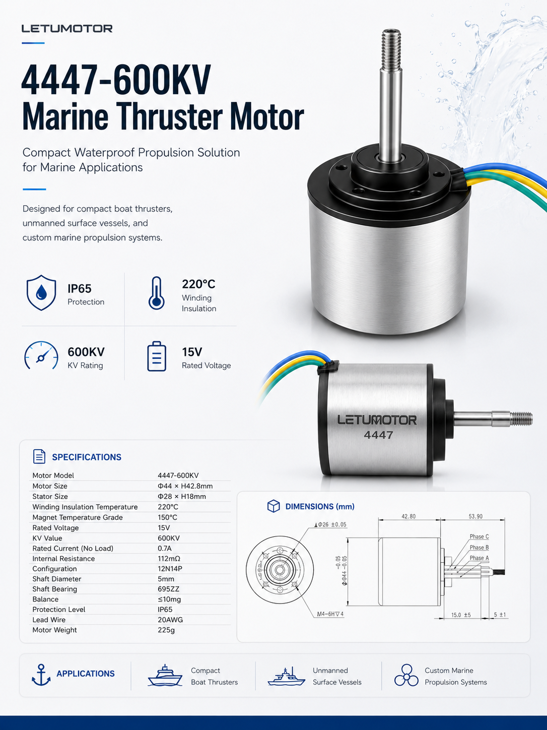 LETUMOTOR 4447-600KV compact waterproof marine thruster motor — 44x42.8mm, 225g, 15V, 600KV, 12N14P, IP65 protection, 220°C winding, 150°C magnet, 695ZZ bearings, ≤10mg balance, 20AWG leads, 5mm shaft, designed for boat thrusters, USVs, and custom marine propulsion