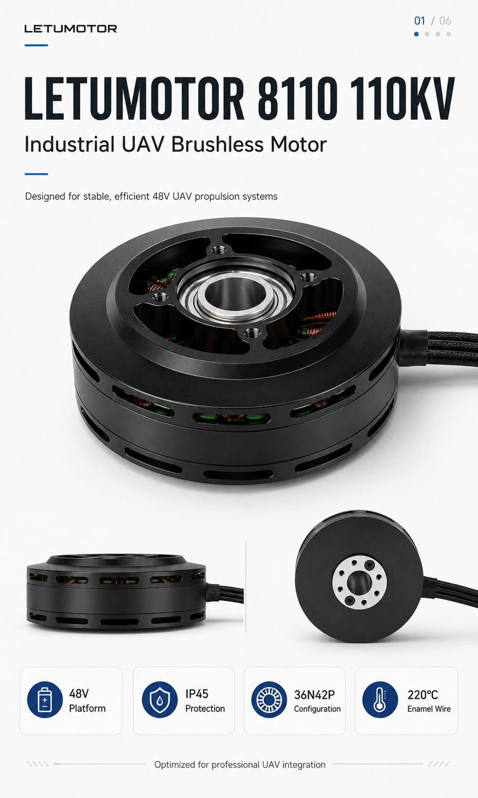 Industrial UAV brushless motor — 48V, 36N42P, IP45 protection, 220°C enamel wire, optimized for stable and efficient professional UAV propulsion systems