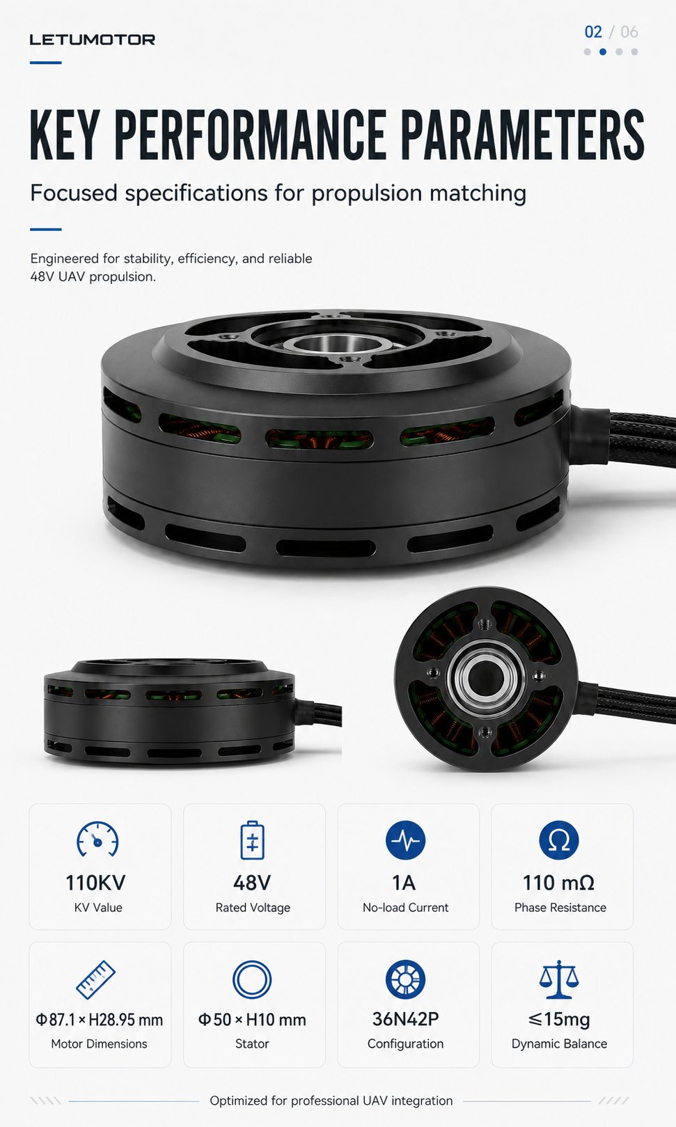 Industrial UAV motor materials and reliability — 220°C enamel wire, 180°C magnet grade, AC500V dielectric withstand, 6802 precision bearings, engineered for thermal stability, electrical safety, and long-term UAV operation