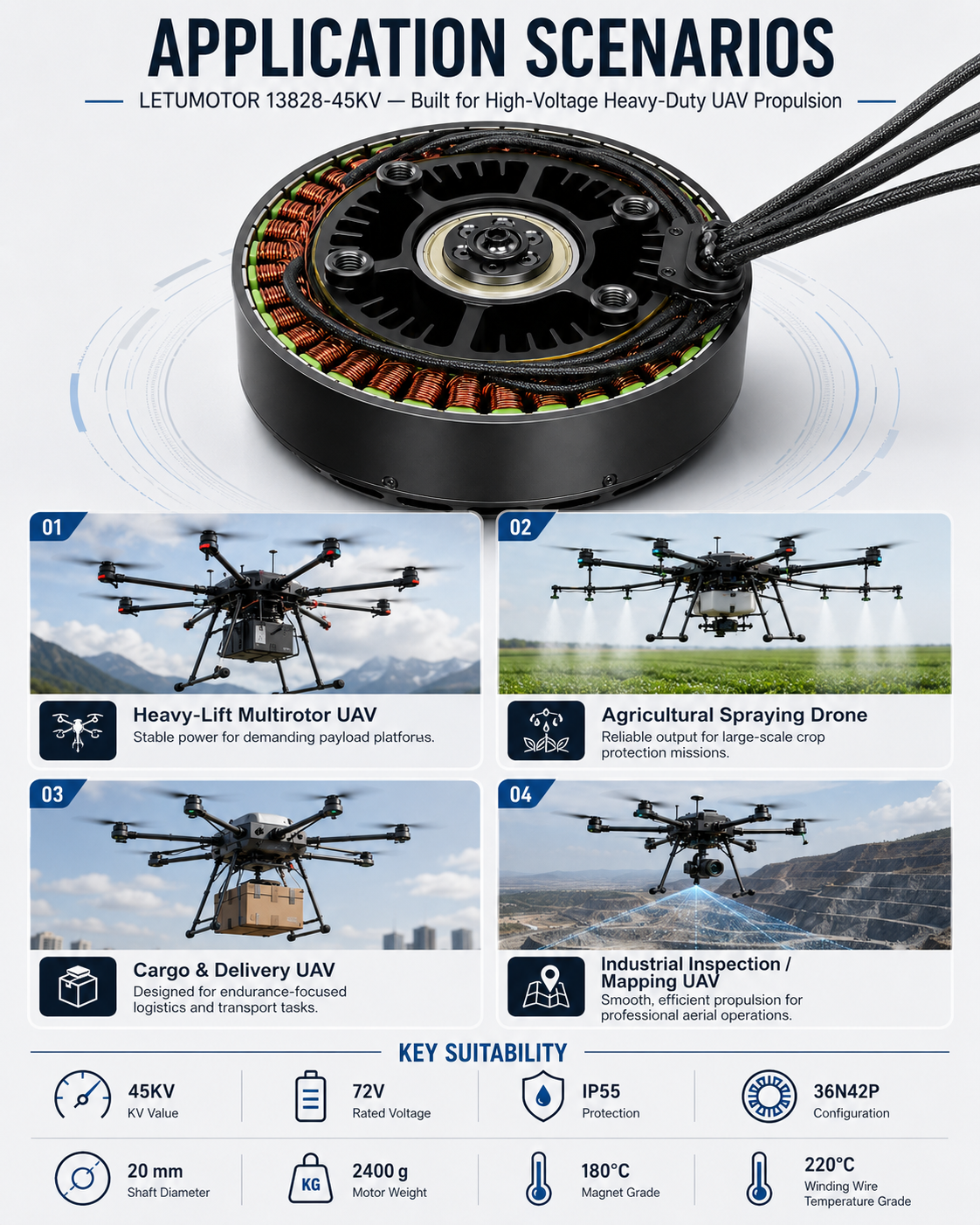 LETUMOTOR 13828 heavy-lift brushless motor in UAV application — high-thrust propulsion for industrial multirotor platforms