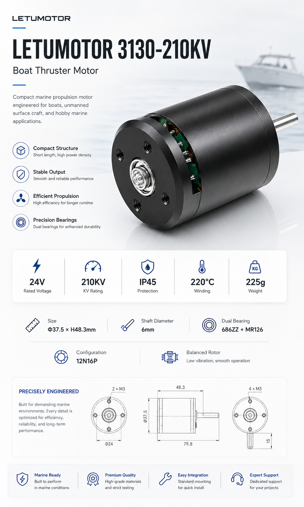 LETUMOTOR 3130-210KV boat thruster brushless motor — 24V, 210KV, 37.5x48.3mm, 225g, 12N16P, IP45, 220°C winding, dual bearings 686ZZ+MR126, 6mm shaft, compact marine propulsion for USVs and electric boats