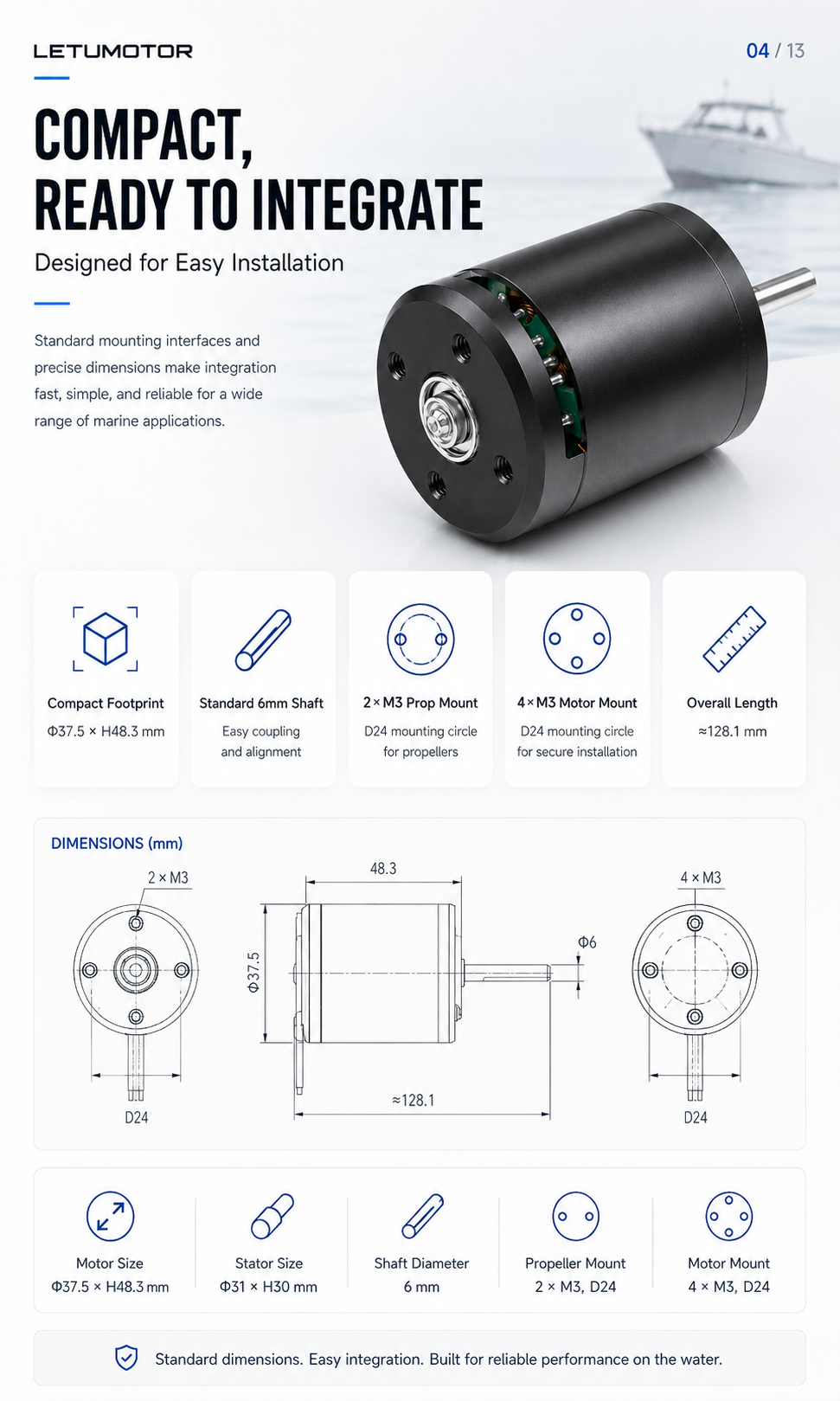 LETUMOTOR 3130-210KV boat thruster motor integration specs — 37.5x48.3mm compact body, 6mm standard shaft, 2xM3-D24 prop mount, 4xM3-D24 motor mount, 128.1mm overall length, 225g, designed for easy marine installation