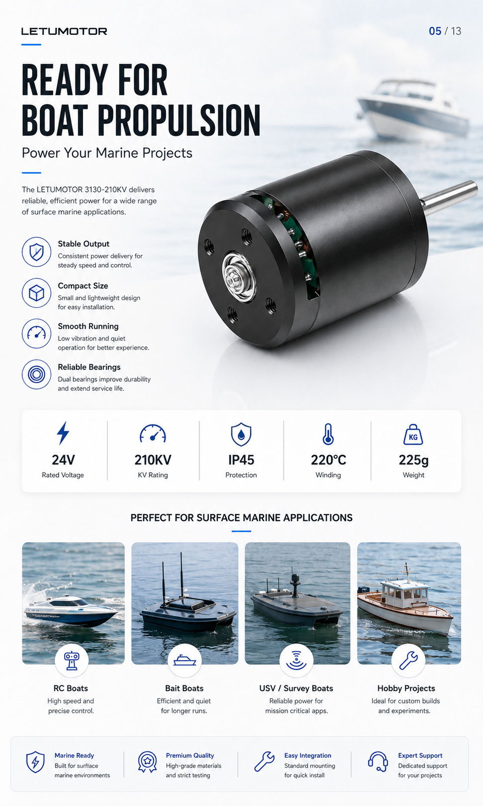 Boat thruster brushless motor for diverse marine platforms — 3130-210KV, 24V, IP45 splash protection, 220°C winding, dual bearings, engineered for RC boats, unmanned surface vessels, survey boats, and custom marine builds