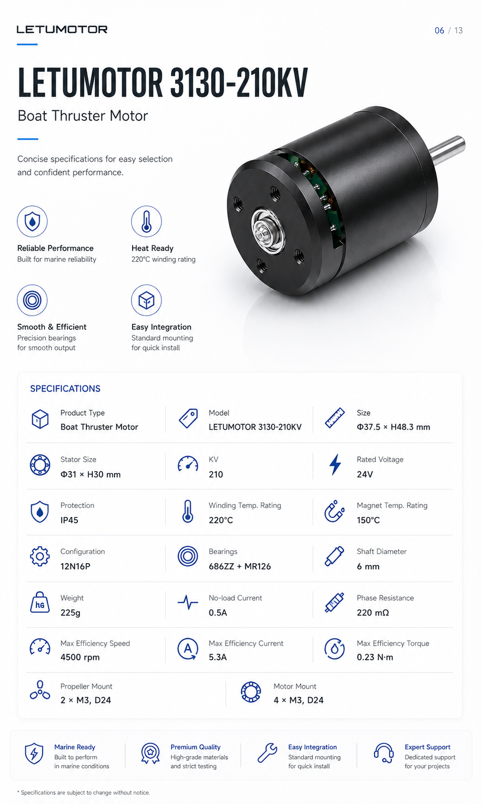 Marine propulsion motor selection sheet — LETUMOTOR 3130-210KV, key specs at a glance, 24V, 210KV, IP45, 225g, 12N16P, 220°C winding class, ready for RC boats, USVs, and hobby marine projects