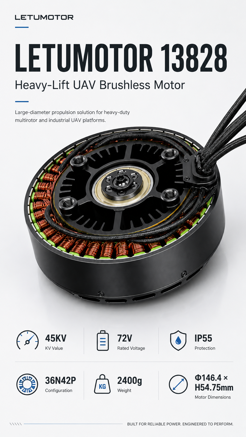 LETUMOTOR 13828 heavy-lift brushless UAV motor — 45KV, 72V rated, 36N42P, 2400g, IP55 protection, 146.4x54.75mm dimensions for large multirotor and industrial drone platforms