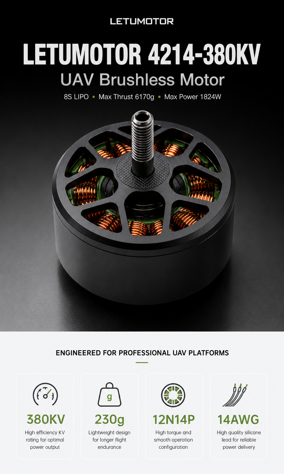 LETUMOTOR 4214 motor dimension diagram with KV rating, shaft diameter, and mounting pattern labeled