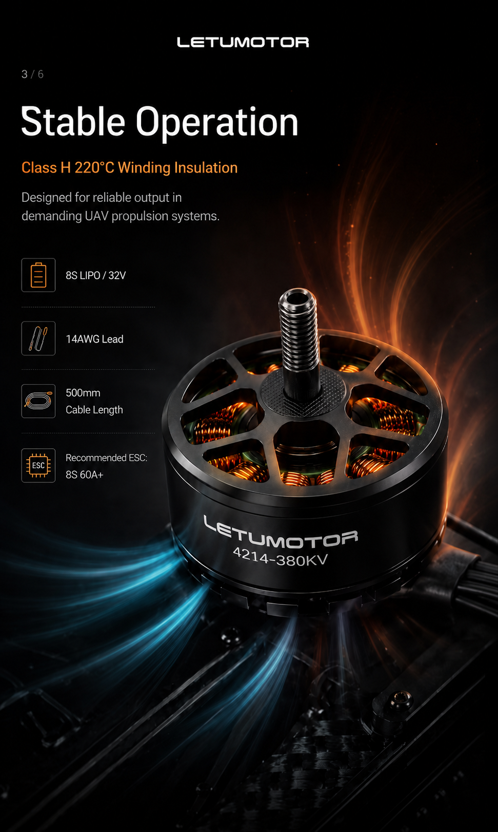 Drone motor 4214 stability and winding insulation specifications — Class H 220°C rated, 8S LiPO compatible, 14AWG leads with 500mm cable length