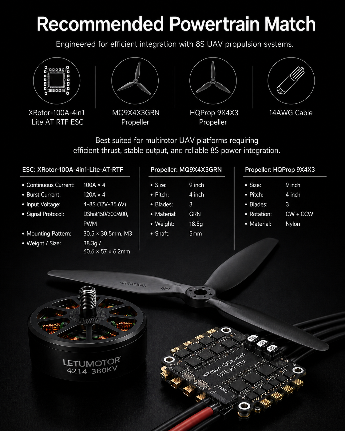 Recommended powertrain combo for LETUMOTOR 4214 motor — XRotor-100A-4in1-Lite AT RTF ESC with 100A continuous current per channel, paired with HQProp 9x4x3 propeller, 14AWG cable, optimized for 8S UAV propulsion systems
