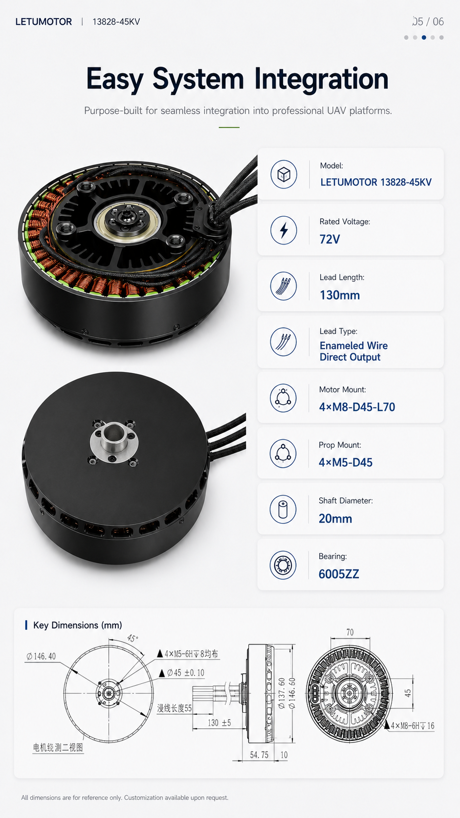 LETUMOTOR 13828-45KV integration and dimension specifications — 72V, 20mm shaft, 4xM8 motor mount, 4xM5 prop mount, 6005ZZ bearings, 130mm enameled wire leads, detailed mechanical drawing with key dimensions