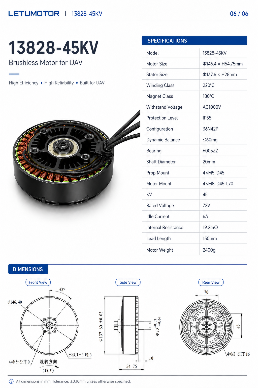 LETUMOTOR 13828-45KV complete specifications and 3-view mechanical drawing — 146.4x54.75mm, 137.6x28mm stator, 72V, 45KV, 2400g, 20mm shaft, 6005ZZ bearings, 36N42P, IP55, 220°C winding class, front side and rear views with dimensions