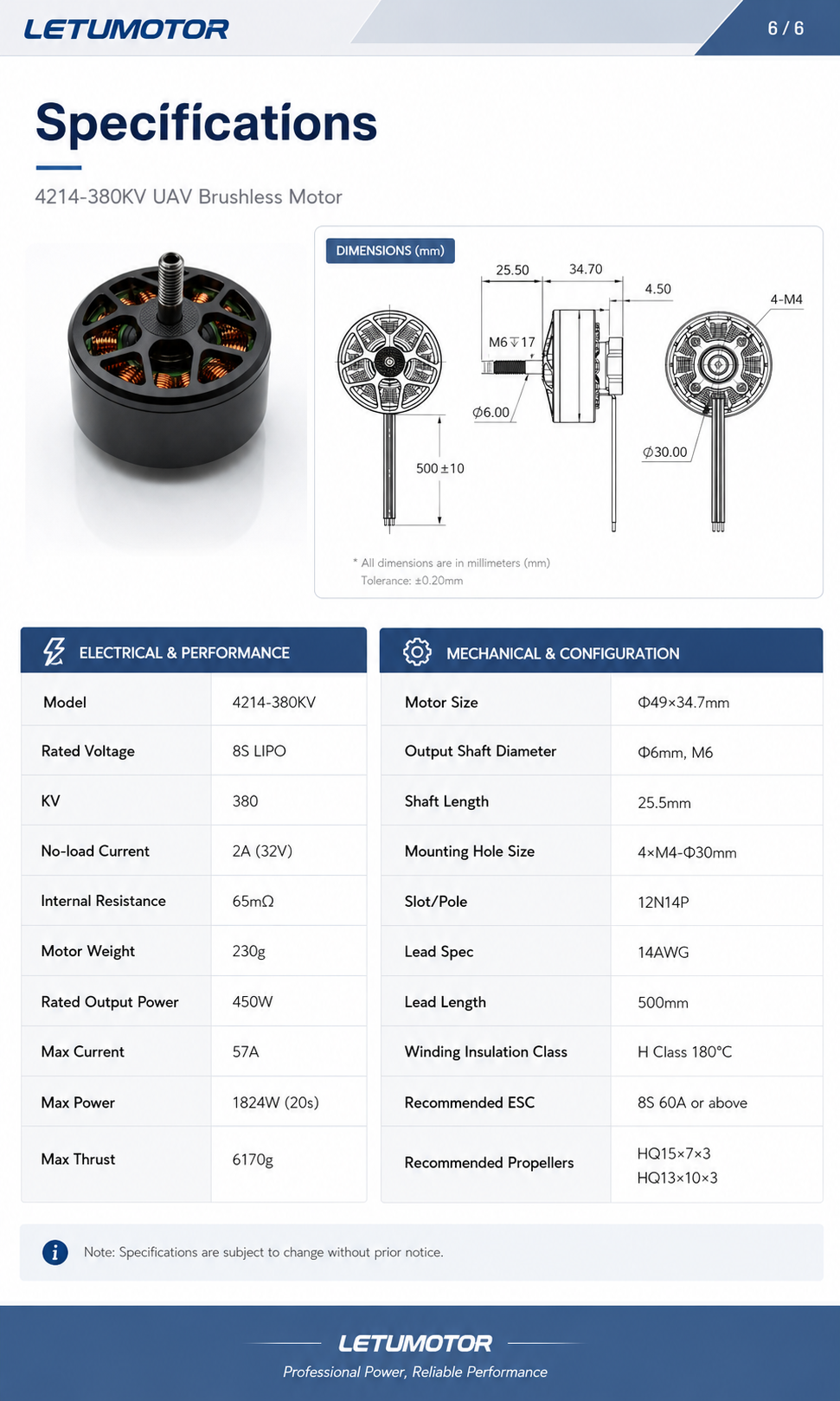LETUMOTOR 4214-380KV brushless drone motor specification table — dimensions 49x34.7mm, 230g, 8S LiPO, 450W rated power, 6170g max thrust, 12N14P, 14AWG leads, H Class 220°C insulation