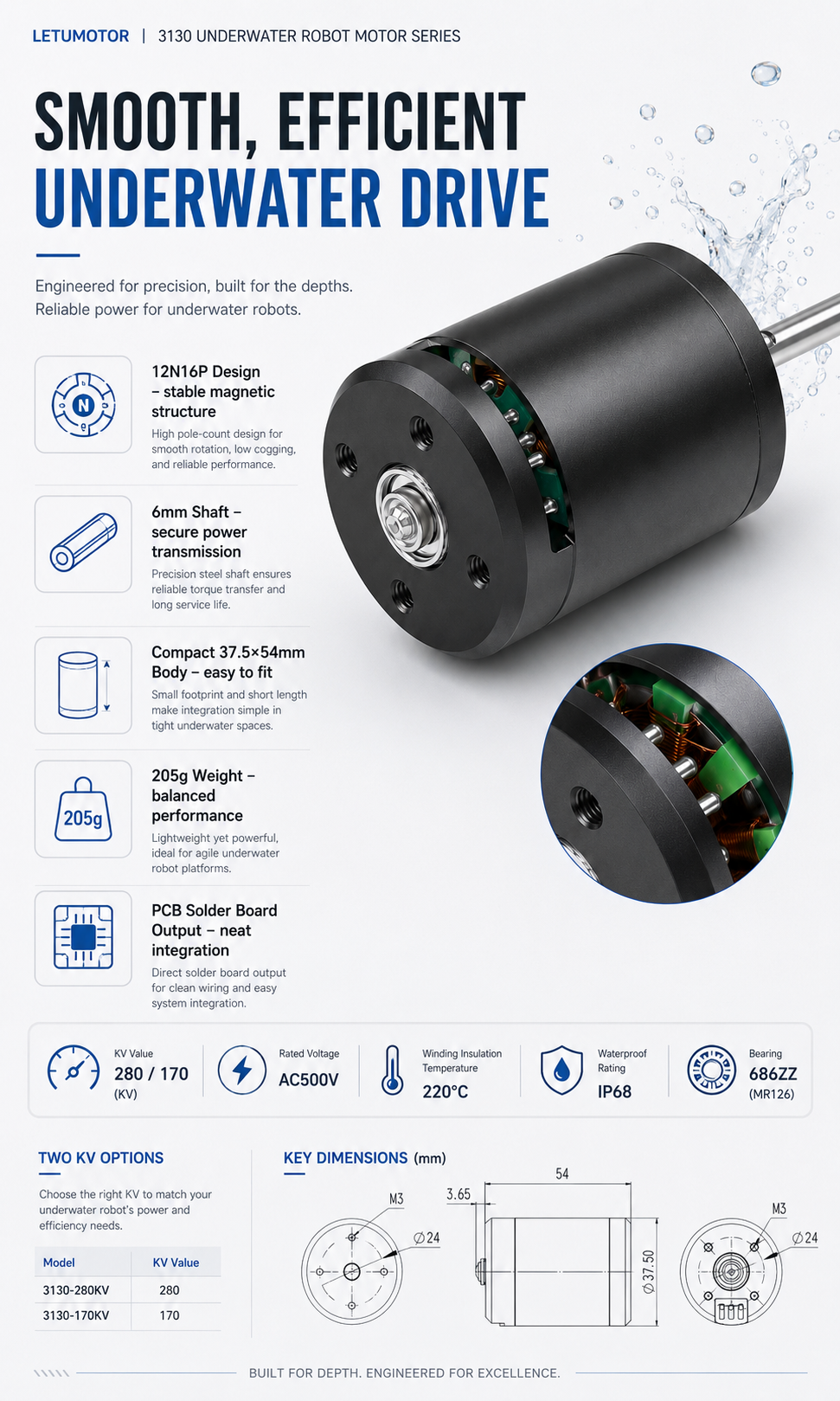 LETUMOTOR 3130 underwater motor drive design and KV selection — 12N16P smooth rotation, 6mm shaft, 37.5x54mm compact body, 205g, IP68 waterproof, 220°C winding, 280KV and 170KV options with key dimension drawings for ROV integration