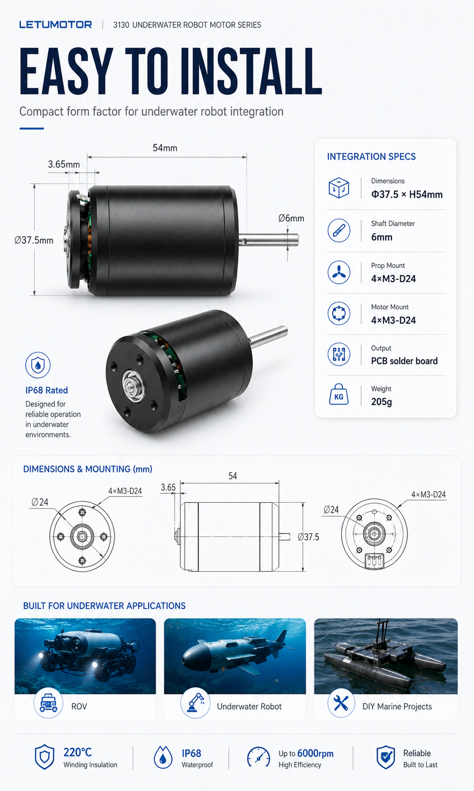 LETUMOTOR 3130 underwater motor installation and integration specs — 37.5x54mm, 6mm shaft, 4xM3-D24 prop and motor mounts, PCB solder board output, 205g, IP68 waterproof, designed for easy ROV and underwater robot integration