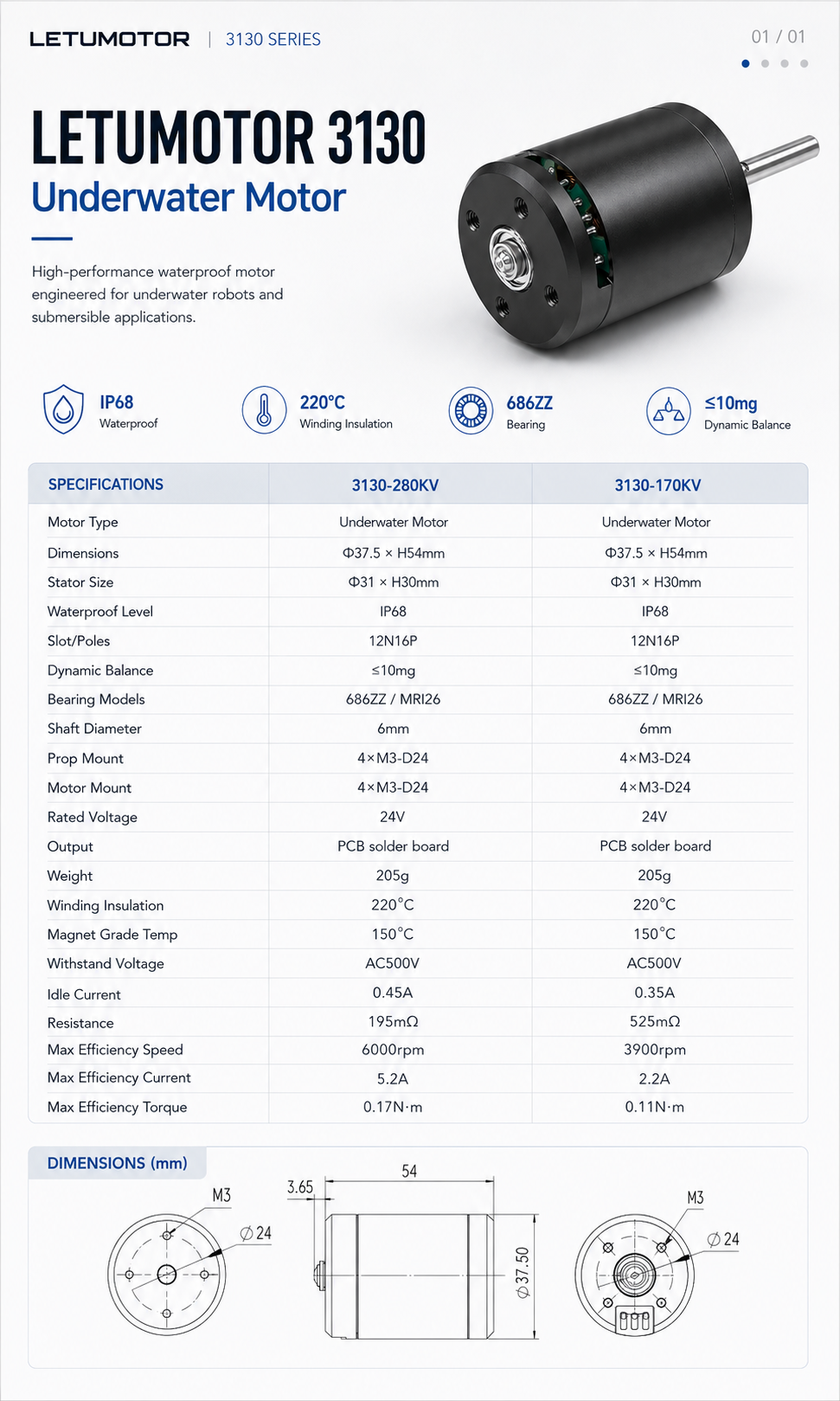 LETUMOTOR 3130 underwater motor complete specifications comparison — 280KV vs 170KV, both 37.5x54mm, IP68 waterproof, 24V, 205g, 12N16P, 220°C winding, 150°C magnet, AC500V withstand voltage, 686ZZ bearings, ≤10mg dynamic balance, PCB solder board output